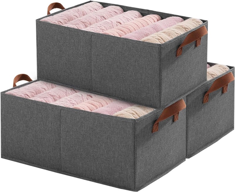 Revwd 3 Pack Foldable Fabric Storage Baskets with Handle Extra Large Foldable Closet Organizer Bins Cloth Box Containers for Home Office Storage Clothes Pants Jeans Sweater GREY - Image 1