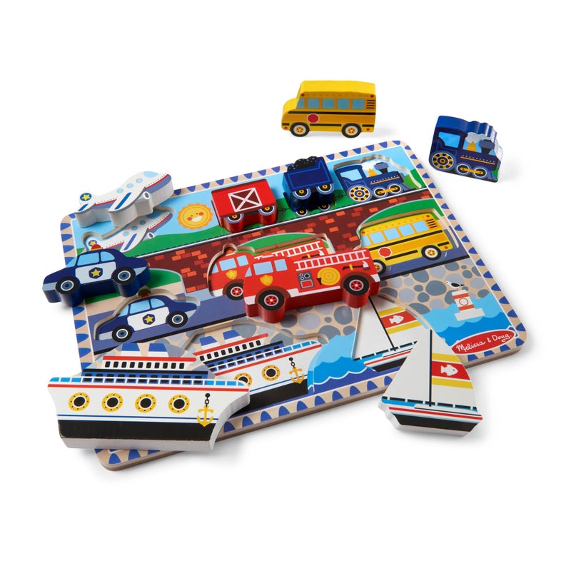 Melissa & Doug لعبة بازل خشبية سميكة من ميليسا ودوج - طائرة، قطار، سيارات، وزوارق (9 قطع) - معتمدة من FSC - Image 1
