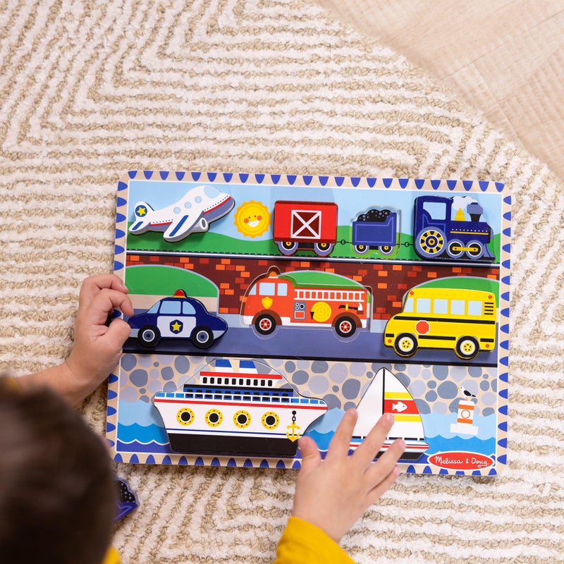 Melissa & Doug لعبة بازل خشبية سميكة من ميليسا ودوج - طائرة، قطار، سيارات، وزوارق (9 قطع) - معتمدة من FSC - Image 2