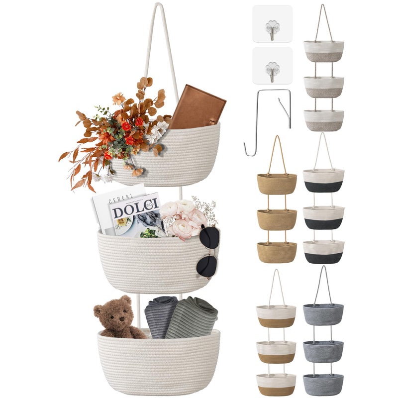 wymulot 3 Tier Wall Mounted Woven Hanging Basket, Over the Door Hanging Basket with Hooks, Decorative Storage Hanging Closet Removable, Large Wall Basket for Living Room, Bedroom, Kitchen (White) - Image 1