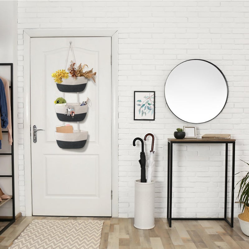 wymulot 3 Tier Wall Mounted Woven Hanging Basket, Over the Door Hanging Basket with Hooks, Decorative Storage Hanging Closet Removable, Large Wall Basket for Living Room, Bedroom, Kitchen (White) - Image 5