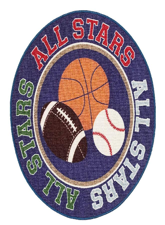 HUAHOO Kids Rug Round Fun Sport Rugs Lets Play Blue Childrens Rug Balls Print with Soccer Ball, Basketball, Football, Tennis Ball Bedroom Playroom Non Slip Bottom (39" Diameter Round) - Image 1