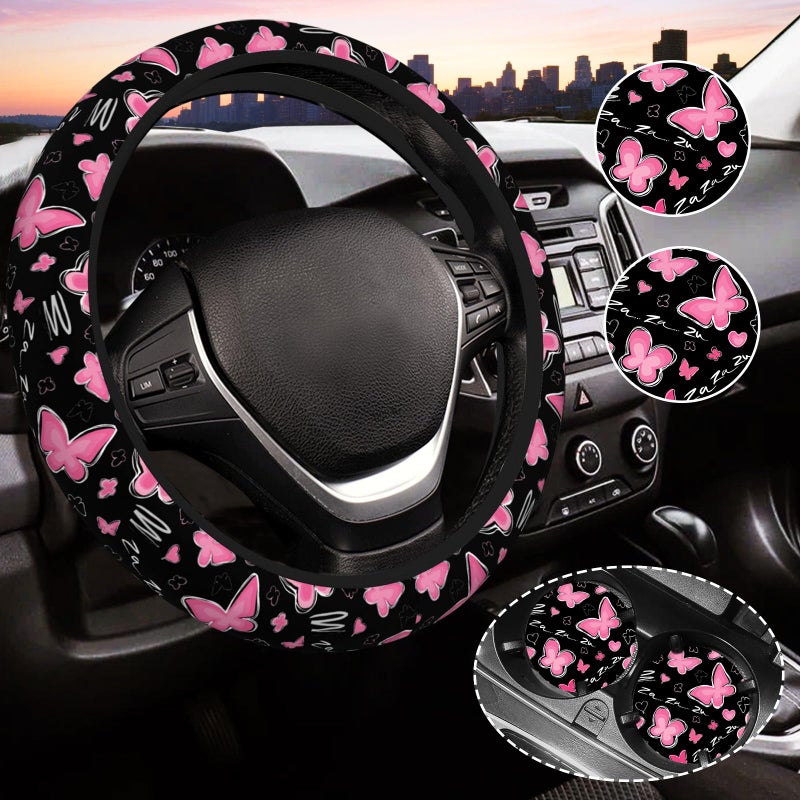 Gwwens Pink Butterfly Steering Wheel Cover for Women Universal Auto Steering Wheel 1415 Inch Car Interior Accessories with 2PCS Car Coasters Suitable for Men and Women - Image 3