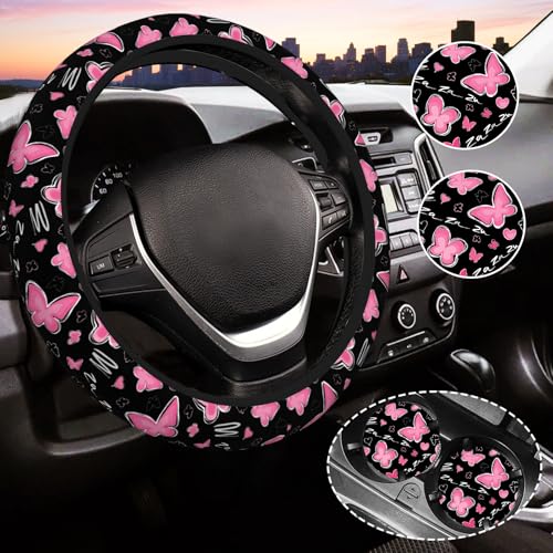 Gwwens Pink Butterfly Steering Wheel Cover for Women Universal Auto Steering Wheel 1415 Inch Car Interior Accessories with 2PCS Car Coasters Suitable for Men and Women - Image 1
