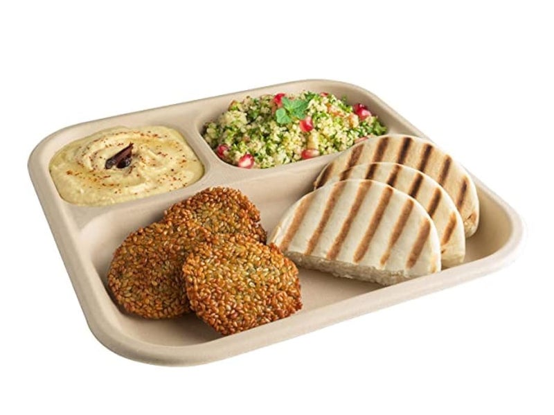 SANWALSA 3 Compartment EcoFriendly Disposable Bagasse Plates Pack of 50 Off White - Image 1