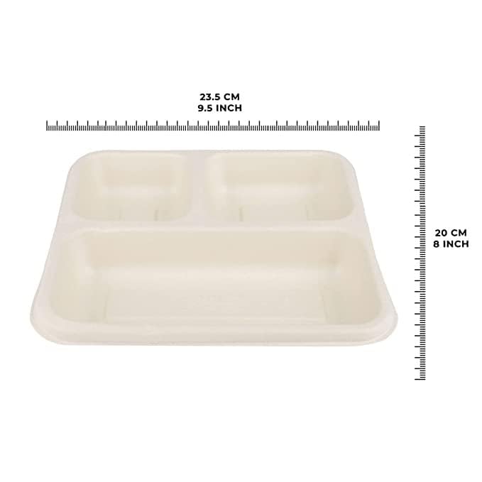 SANWALSA 3 Compartment EcoFriendly Disposable Bagasse Plates Pack of 50 Off White - Image 3