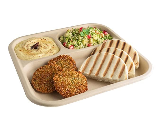 SANWALSA 3 Compartment EcoFriendly Disposable Bagasse Plates Pack of 50 Off White - Image 2