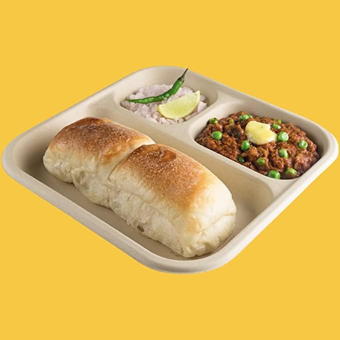 SANWALSA 3 Compartment EcoFriendly Disposable Bagasse Plates Pack of 50 Off White - Image 5