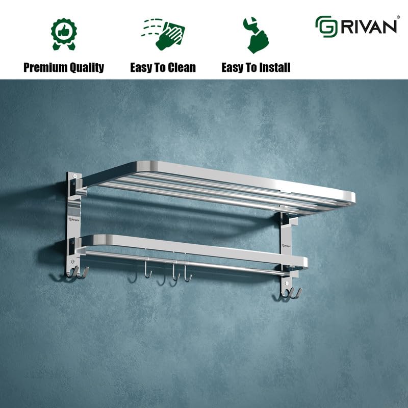 GRIVAN رف مناشف مزدوج قابل للطي من الفولاذ المقاوم للصدأ GRIVAN بطول 24 بوصة / رفوف / حامل / ملحقات الحمام بتشطيب مطلي بالكروم - Image 5