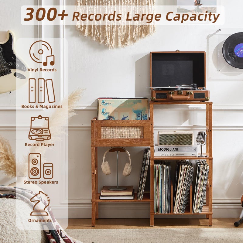 LELELINKY حامل أسطوانات LELELINKY، حامل أسطوانات خشبي بني مع تخزين للفينيل يحمل حتى 300+ ألبوم، طاولة وسائط من الخيزران بثلاثة مستويات مع رف عرض للفينيل، خزانة تخزين أسطوانات لغرفة المعيشة - Image 4