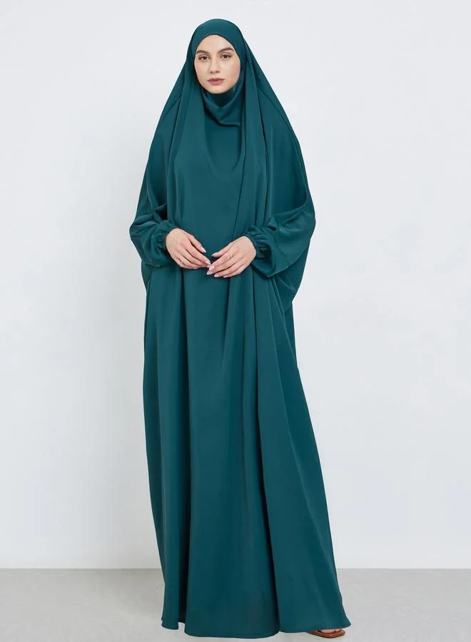 تايك تو عباية بقلنسوة وأكمام خفاش باللون الأخضر الداكن