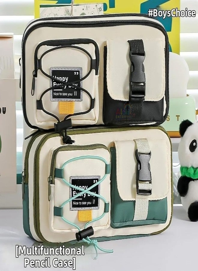 Funspark Multi-Compartment Pencil Pouch Large Capacity Pen Case with Zipper & Buckle Pocket, Durable Canvas Stationery Organizer for School Office Travel, Stylish Storage Case(Black Happy Every Day) - Image 4