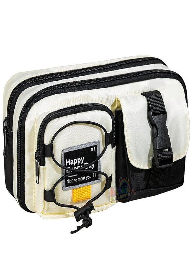 Funspark Multi-Compartment Pencil Pouch Large Capacity Pen Case with Zipper & Buckle Pocket, Durable Canvas Stationery Organizer for School Office Travel, Stylish Storage Case(Black Happy Every Day) - Image 1