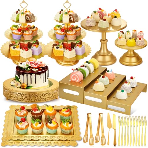 Audab Metal Gold Dessert Table Display Set Including Cake Stands Cupcake Tower Stand Dessert Tray Risers Stands Cake Cutting Set and Serving Tongs for Wedding Birthday Party Decor