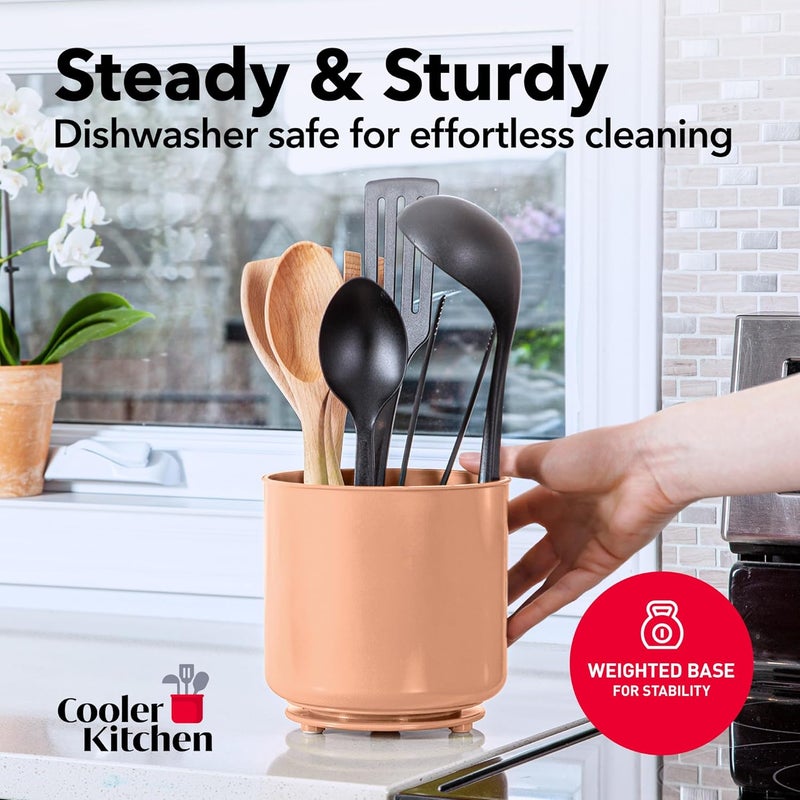 Cooler Kitchen Rotating Extra Large Peach Plastic Utensil Holder Caddy with Sturdy No-Tip Weighted Base, Removable Divider, and Gripped Insert - Dishwasher Safe Kitchen Utensil Holder for Countertop - Image 4