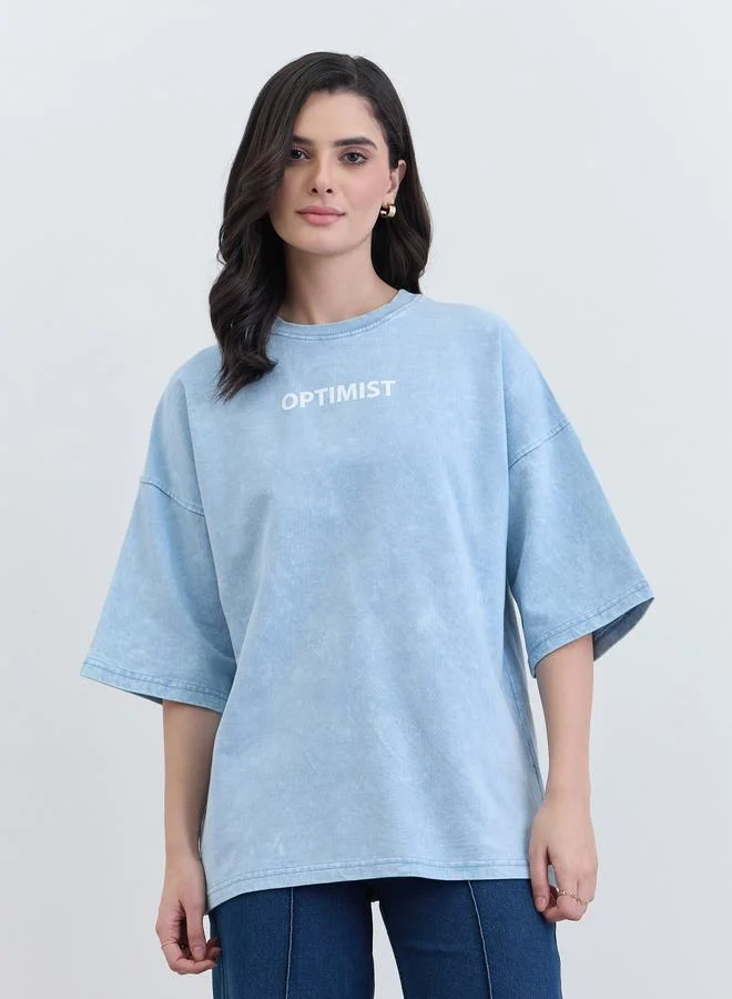 Light Blue Oversized Slogan Print T-Shirt