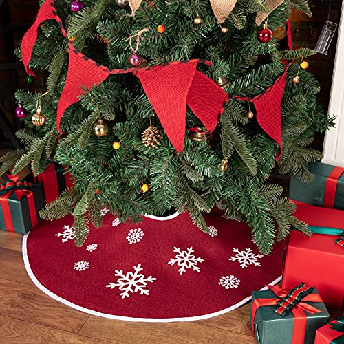 MACTING Christmas Burlap Tree Skirt, 30 Inch Red Countryside Tree Skirt with White Snowflake Printed, Small Rustic Tree Mat for Home Party Holiday Winter Indoor Xmas Decorations - Image 2