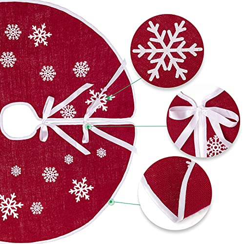 MACTING Christmas Burlap Tree Skirt, 30 Inch Red Countryside Tree Skirt with White Snowflake Printed, Small Rustic Tree Mat for Home Party Holiday Winter Indoor Xmas Decorations - Image 4