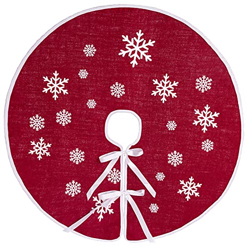 MACTING Christmas Burlap Tree Skirt, 30 Inch Red Countryside Tree Skirt with White Snowflake Printed, Small Rustic Tree Mat for Home Party Holiday Winter Indoor Xmas Decorations - Image 1