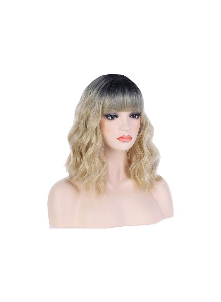 باروكة شعر صناعي  قصير مموج اصفر اللون  شعر حراري فايبر  قابل للغسيل والكي