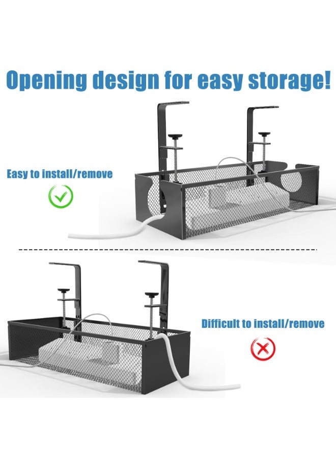 صينية تنظيم الكابلات تحت المكتب (عبوة 2) – 15.7 بوصة من الفولاذ بدون حفر لتثبيت الأسلاك مع تصميم فتحات جانبية للكمبيوتر، المكتب المنزلي، ومركز الترفيه، باللون الأسود - Image 2