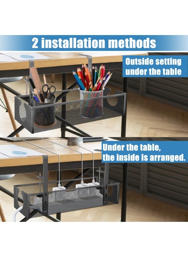 صينية تنظيم الكابلات تحت المكتب (عبوة 2) – 15.7 بوصة من الفولاذ بدون حفر لتثبيت الأسلاك مع تصميم فتحات جانبية للكمبيوتر، المكتب المنزلي، ومركز الترفيه، باللون الأسود - Image 3