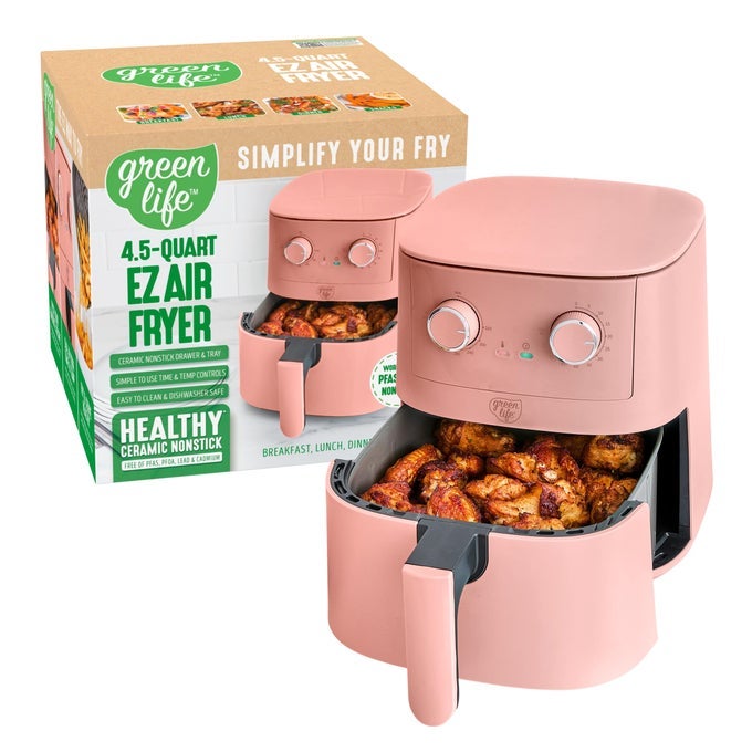 45QT AIR FRYER MECHANICAL DIAL CONTROLS PFASFREE CERAMIC NONSTICK DRAWER ADJUSTABLE TEMP TIMER LED INDICATOR OILLESS COOKING DISHWASHER SAFE COMPACT FAMILY SIZE PINK