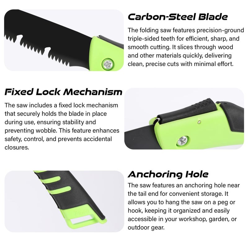 Deli DL6006 7 Folding Saw with 170mm Steel Blade ABS Handle 3Sided Grinding Teeth Secure Lock Handsaw for Pruning Gardening Camping Wood Cutting Tree Branch Pack of 1 Green Black - Image 5