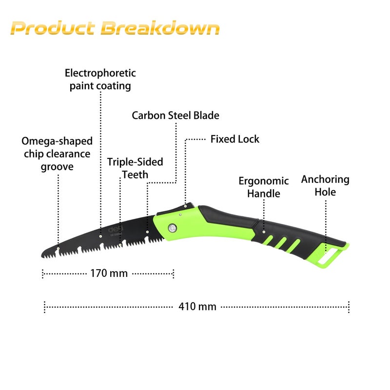 Deli DL6006 7 Folding Saw with 170mm Steel Blade ABS Handle 3Sided Grinding Teeth Secure Lock Handsaw for Pruning Gardening Camping Wood Cutting Tree Branch Pack of 1 Green Black - Image 4