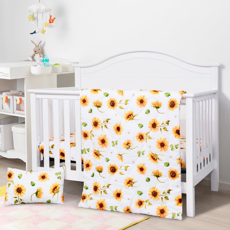 JISEN 3 Piece Baby Crib Bedding Set for Girls - Soft Floral Crib Comforter Set with Crib Sheet Comforter and Pillowcase Sunflowers - Image 2