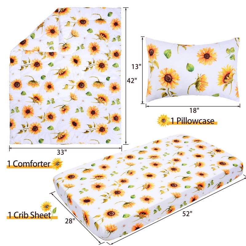 JISEN 3 Piece Baby Crib Bedding Set for Girls - Soft Floral Crib Comforter Set with Crib Sheet Comforter and Pillowcase Sunflowers - Image 4