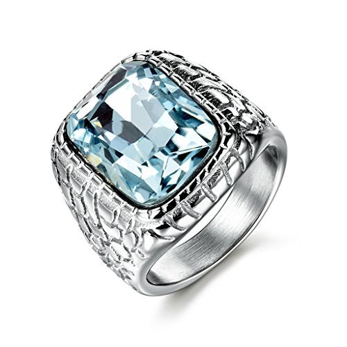 MASOP Cool Stainless Steel Mens Ring Size 8 with Blue Cubic Zirconia Rhinestone Statement Jewelry Ring - Image 1