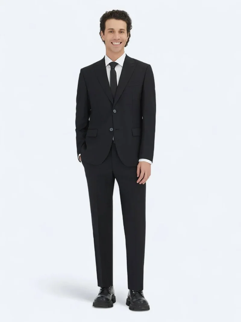 Kip Black Plain Modern Fit Wool Blended Suit