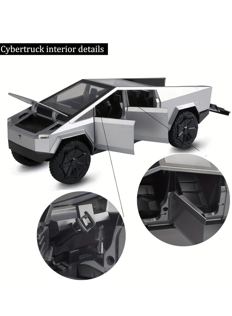 Boy Toy Tesla Pickup Truck 1:32 Cyber Truck Die-cast Metal Model Car, with Sound and Light, Pull Back, Suitable for Children and Adults and Above as Birthday Gifts (Grey) - Image 2