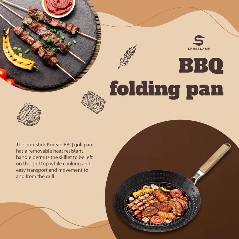 SHREESAMP Folding Round BBQ Frying Pan with Non-Stick Grilling Holes Pan for Stove Top with Removable Folding Wooden Handle for Outdoor Camping Cookware Griddle Grill Pan Kabob Pan [ 53x30x8 CM ] - Image 2