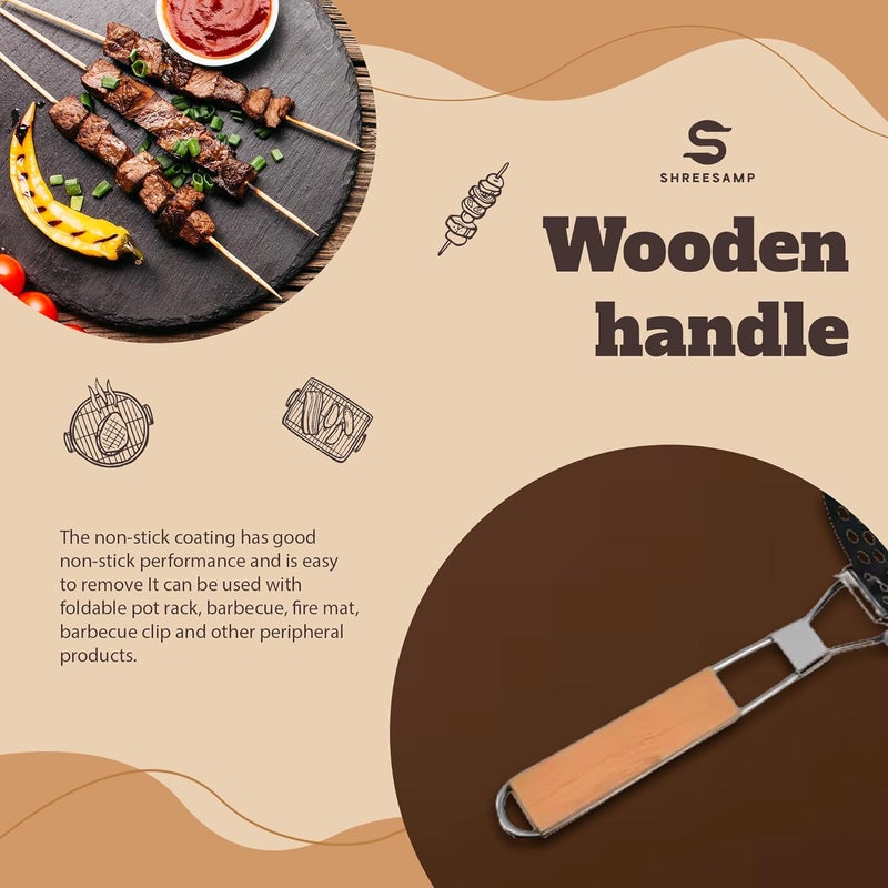 SHREESAMP Folding Round BBQ Frying Pan with Non-Stick Grilling Holes Pan for Stove Top with Removable Folding Wooden Handle for Outdoor Camping Cookware Griddle Grill Pan Kabob Pan [ 53x30x8 CM ] - Image 5