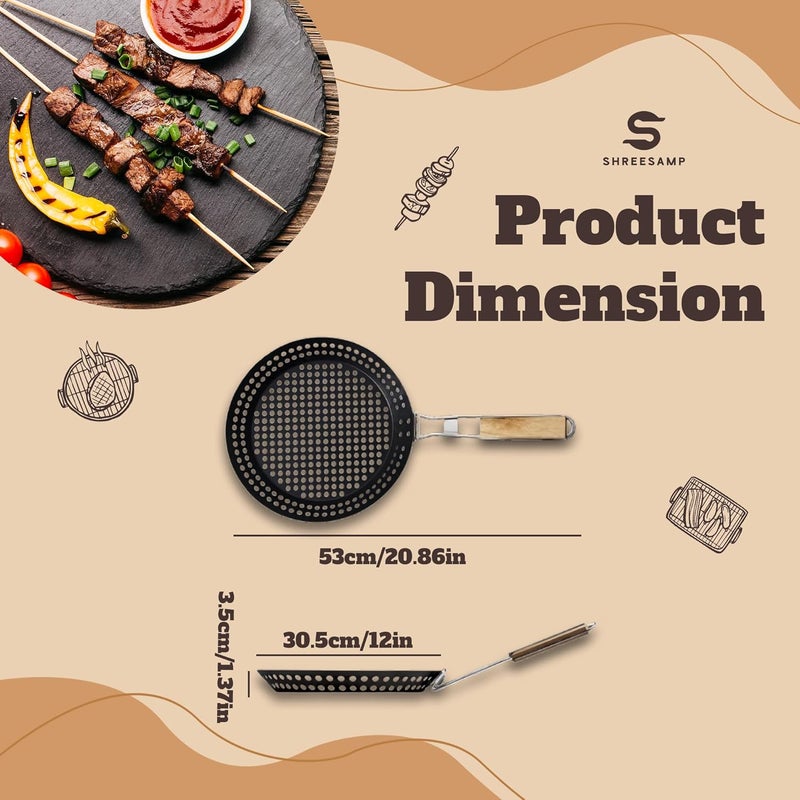 SHREESAMP Folding Round BBQ Frying Pan with Non-Stick Grilling Holes Pan for Stove Top with Removable Folding Wooden Handle for Outdoor Camping Cookware Griddle Grill Pan Kabob Pan [ 53x30x8 CM ] - Image 4