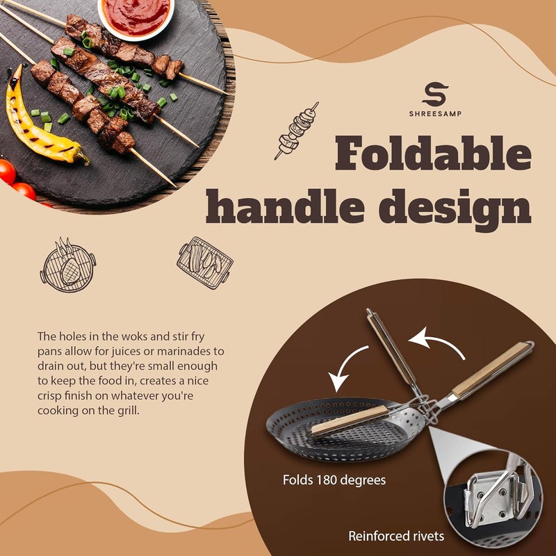 SHREESAMP Folding Round BBQ Frying Pan with Non-Stick Grilling Holes Pan for Stove Top with Removable Folding Wooden Handle for Outdoor Camping Cookware Griddle Grill Pan Kabob Pan [ 53x30x8 CM ] - Image 3