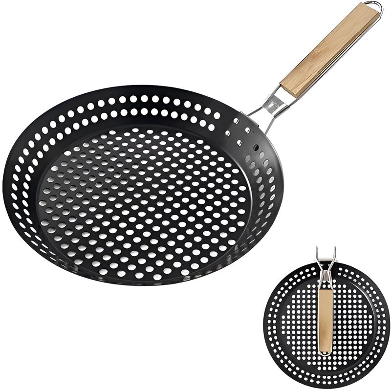 SHREESAMP Folding Round BBQ Frying Pan with Non-Stick Grilling Holes Pan for Stove Top with Removable Folding Wooden Handle for Outdoor Camping Cookware Griddle Grill Pan Kabob Pan [ 53x30x8 CM ] - Image 1