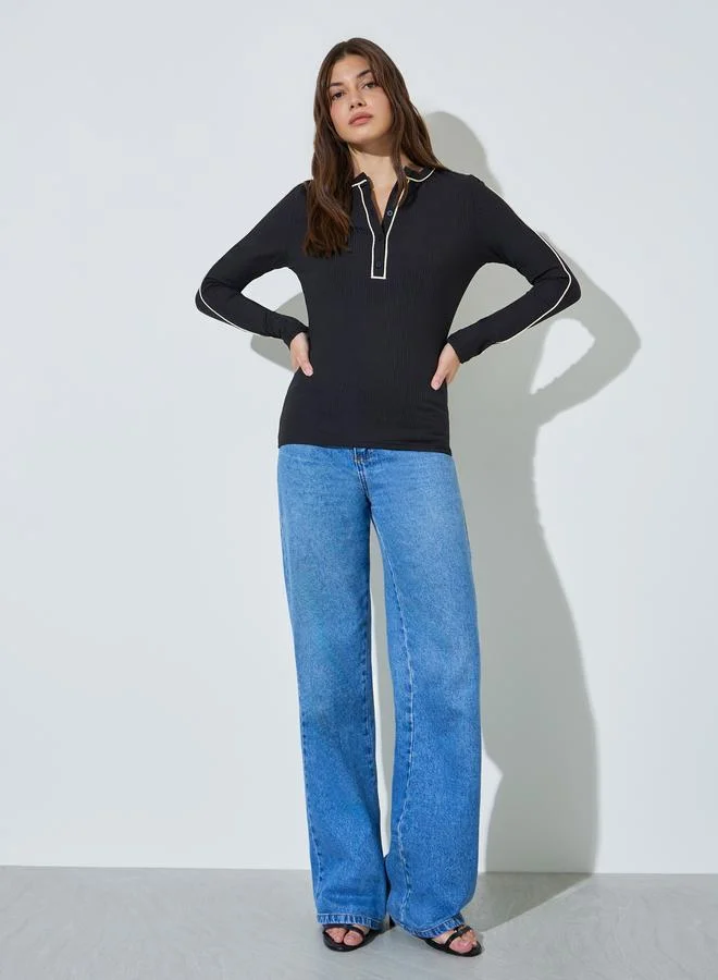 Styli Black Contrast Trim Long Sleeves Fitted Top