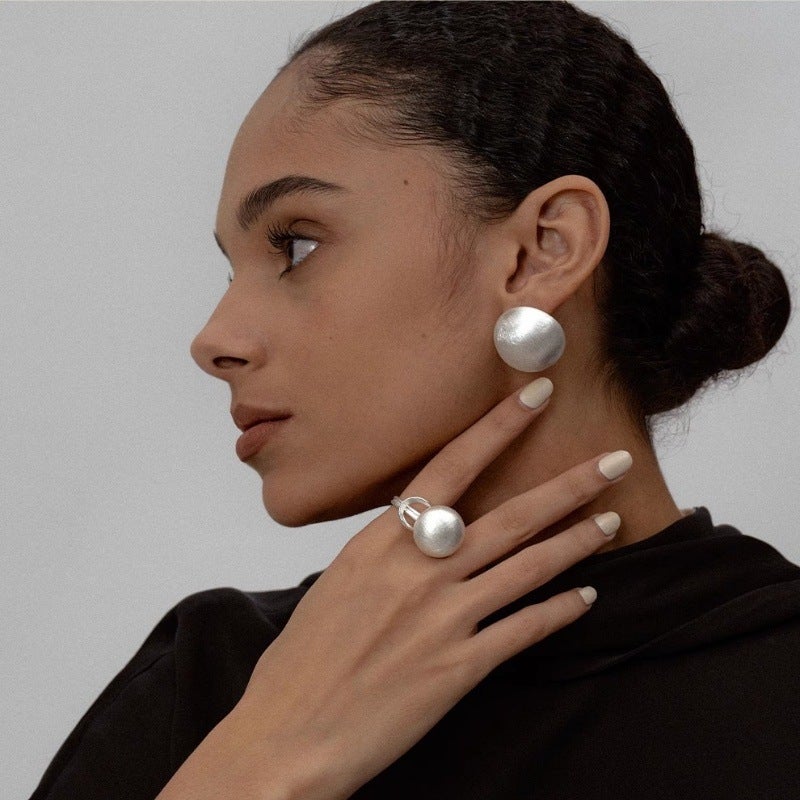 French Retro Silver Wide Teardrop Brushed Earrings Single ball ring 