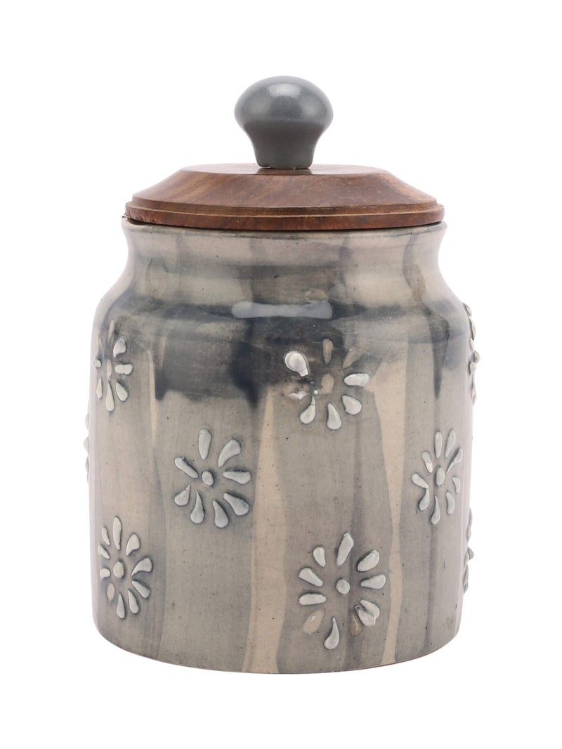 miah decor Ceramic Jars For Kitchen Storage With Wooden Lid Pickle Spices Stoneware Canister Food Storage Jar Box With Airtight Silicone Seal - Pack Of 1, (Size Hxw:-6X3 Inches, 500 Ml, Grey) - Image 1