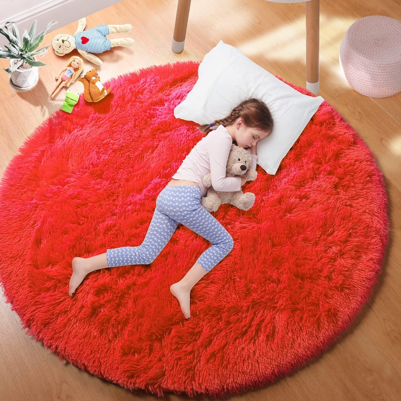 PAGISOFE Red Round Rugs for Livingroom Circle Rugs 5x5 Feet Ultra Soft Children Rugs for Boysgirls Bedroom Fluffy Carpets Shaggy Rugs Small Teepee Furry Mat Comfy Reading Rug Circular Rug