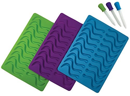 Better Kitchen Products 3 Piece 20 Cavity Silicone Gummy Worm Molds with 3 Matching Droppers Purple Aqua and Lime