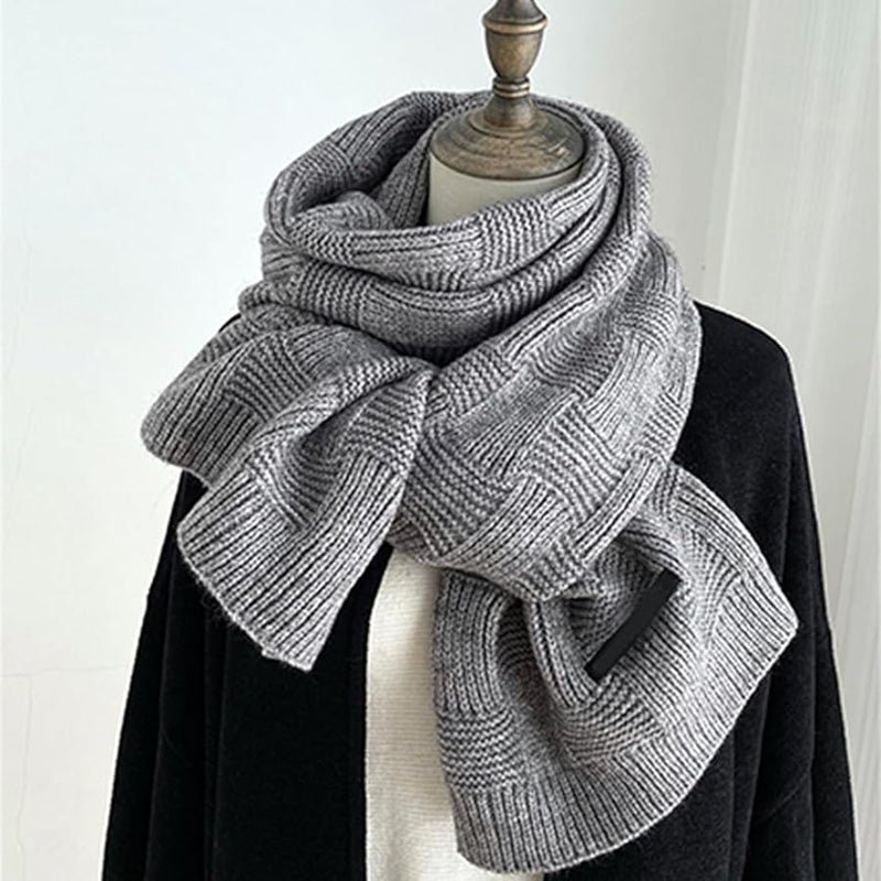 Plaid Knitted Scarf For Women And Men Soft Unisex Winter Scarf In Grey - Image 4