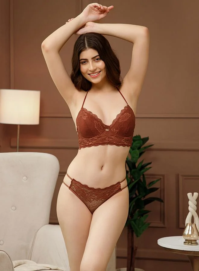 كلوفيا Rust Non-Padded Underwired Halter Neck Bra and Brief Set