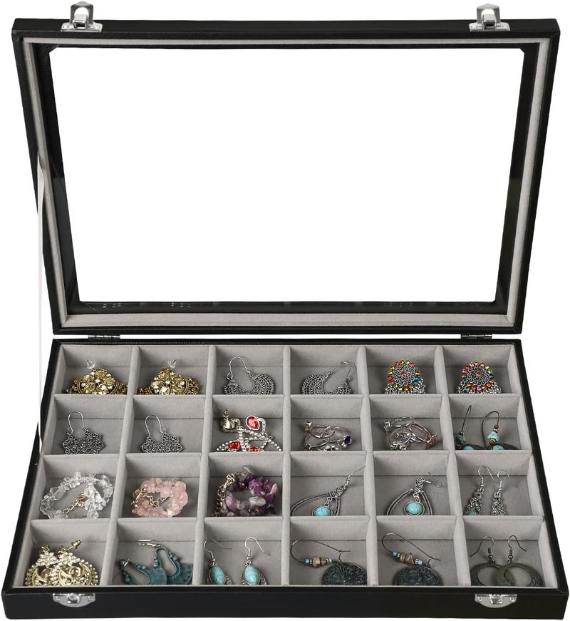 Stratalife Earring Organizer Velvet Jewelry Organizer Box 24 Grid Earring Tray Jewelry Display Jewelry Storage Jewelry Trays For Drawers Jewelry Display Case With Clasp (Gray Black) - Image 1