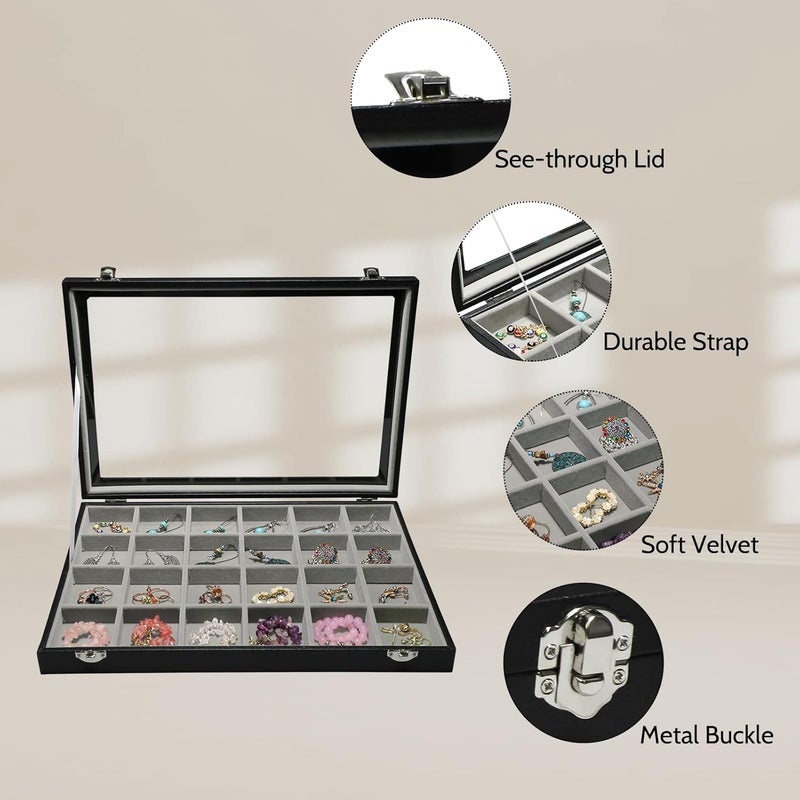 Stratalife Earring Organizer Velvet Jewelry Organizer Box 24 Grid Earring Tray Jewelry Display Jewelry Storage Jewelry Trays For Drawers Jewelry Display Case With Clasp (Gray Black) - Image 5