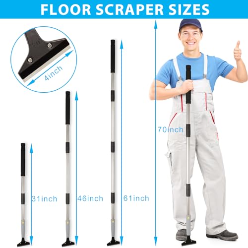 Greeily Floor Scraper, 31" to 61" Scraper Tool Long Handle with 4-inch Razor Blade Stainless Steel Material Adjustable Cleaning Glass Wall Gum Paint Tile Glue Linoleum Carpet Sturdy Durable - Image 2