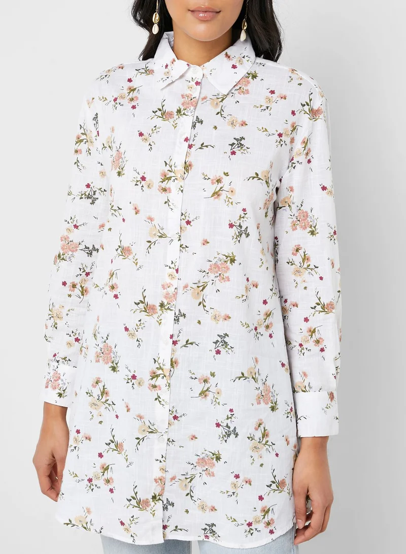 MANGO Printed Button Down Longline Shirt